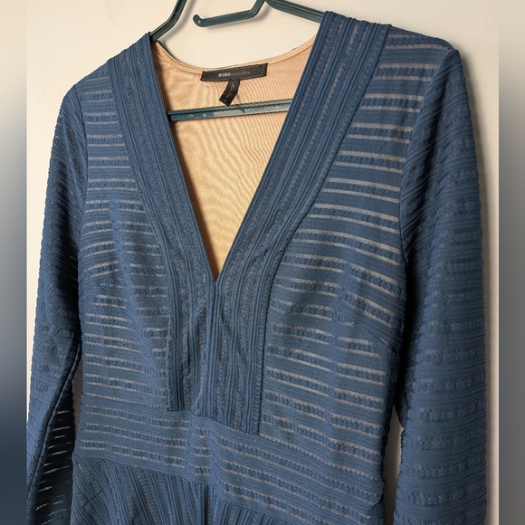 BCBG MAXAZRIA Navy Blue Fit Flare Dress Size Small Stripes Long Sleeves - Picture 3 of 11